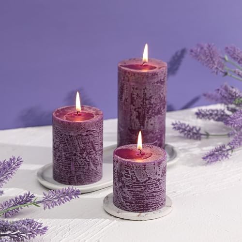 3x4 Inch Purple Pillar Candles Set of 3 - Hand-Poured Unscented Candles, Long Clean Burning, Smokeless Dripless Candle for Dinner Table, Wedding, Home, Bathroom, Advent Decor - Image 4
