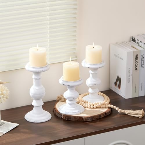 Set of 3 Rustic White Wood Pillar Candle Holder - Image 4