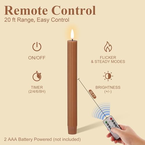 Brown Ribbed Fall Flameless Taper Candles with Remote Set of 4 - Image 4