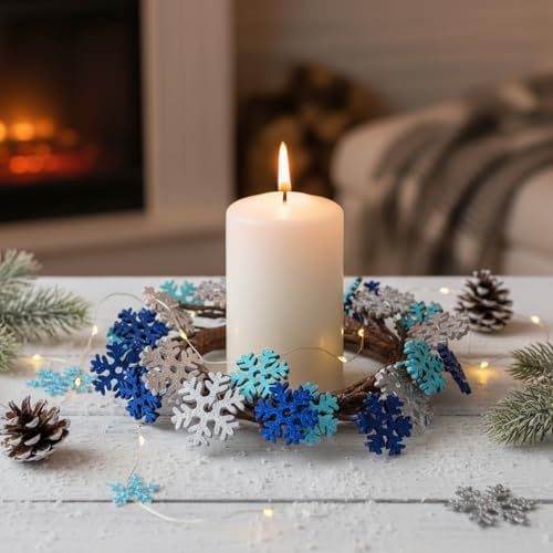 Daifunli 2 Pcs Winter Blue Snowflake Candle Rings Snowflake Wreath Glitter Vintage Wood Wreaths for Pillar 3.9 Inch Candles Holder for Winter Christmas Rustic Table Centerpiece Decor - Image 3