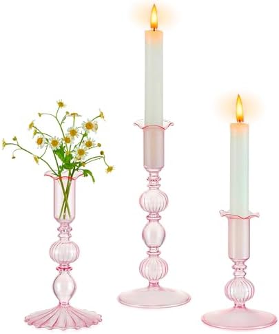 Glasseam 3 Pcs Pink Taper Candlestick Holders with Bobeche for Centerpiece by Glasseam