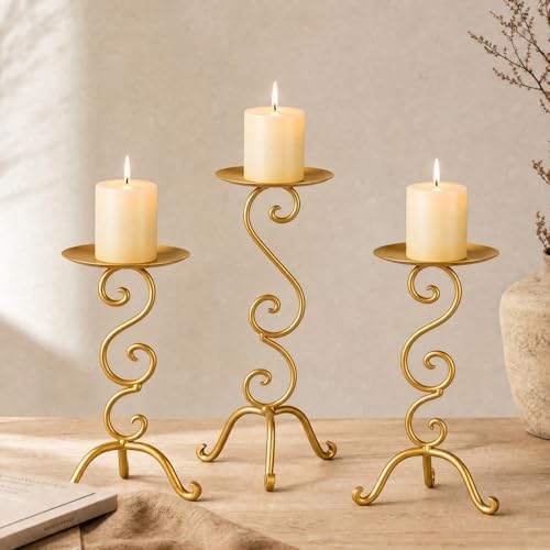 3 Pcs Gold Iron Candlestick Holders 11.8,9.8,6.3 Inch, Antique by Ferrochef