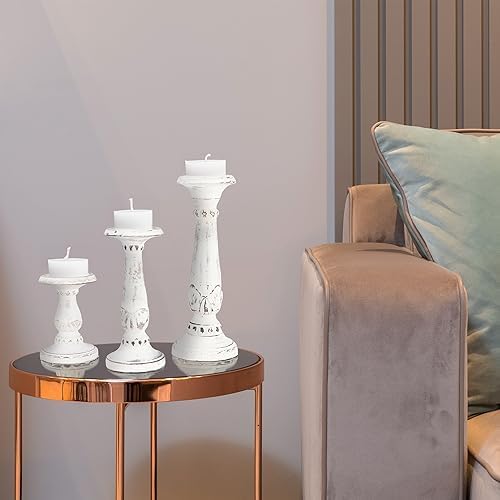 Mela Artisans Pakshi Wood Candle Holders - Distressed White, Set of 3 - Image 4