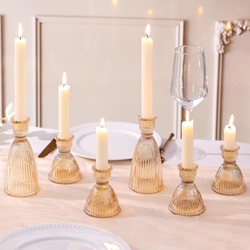 Gold Candlestick Holders Set of 6-4pcs 3.5"& 2pcs 6" Assorted Taper Candle Holder Centerpieces for Wedding, Ribbed Glass Candle Holders Bulk for Party Table Decor, Modern Home Decor - Image 3