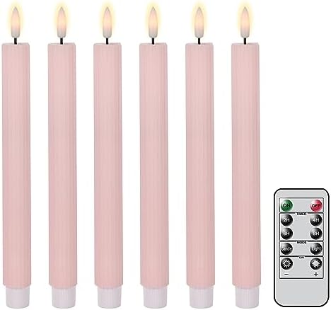 Pink Flameless Taper Candles, Ribbed LED Candlesticks with Remote by Lasumora