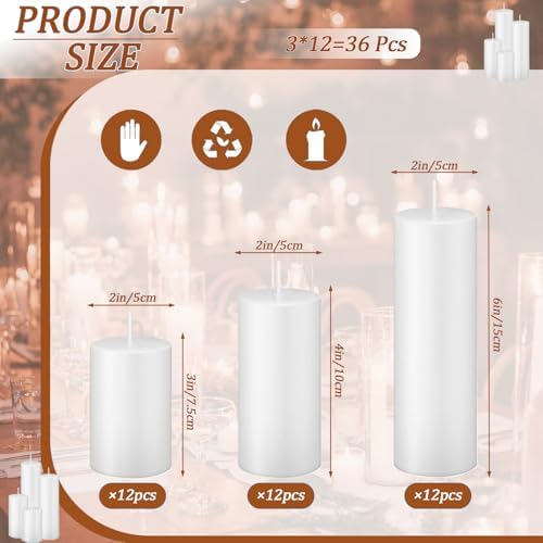 36 Pcs White Pillar Candles Bulk Set，3 Different Lengths 2 x 3/4/6 Inch (6 Each)，Hurricane Candles，Dripless Unscented Smokeless，Gives You a Better Atmosphere When Organizing an Event Party. - Image 2