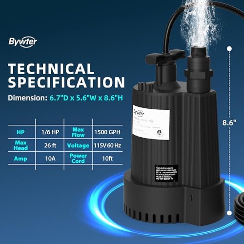 1/6 HP Submersible Water Pump, 1500 GPH, 26 FT Lift, Auto Start/Stop | IP68 Nylon Utility Pump Starts Above 1 In And Stops Below 1/2 In, 1 In Npt Adapter Fits 3/4 In And 1-1/4 In Hoses, 10 Ft Cord