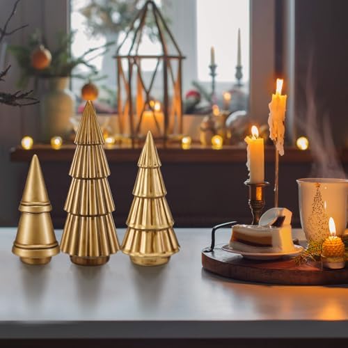 3 Pcs Neutral Christmas Tree Figurines,Gold - Image 5