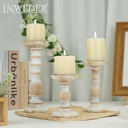 Wood Pillar Candle Holder: Rustic Distressed White Candle Stand - Image 3