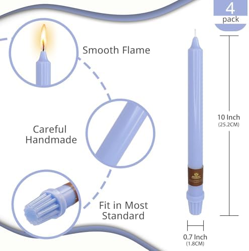 NJAO HOO Blue Candlesticks 10 Inch Handmade Dripless Taper Candles Unscented Colored Candle Set for Home Decor Spring, Pack of 4 - Up to 9-11 Hours Burn - Image 3