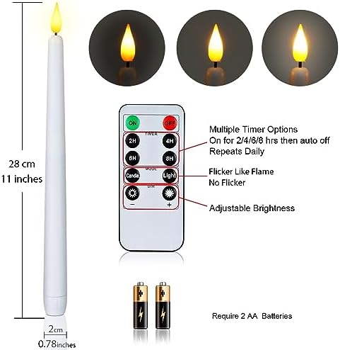Homemory 11 inches White LED Taper Candles, 24 Pcs Flameless Taper Candles with Remote Timer Dimmer, Plastic Battery Operated Candlesticks with Flickering Flame for Halloween Christmas Wedding Party - Image 6
