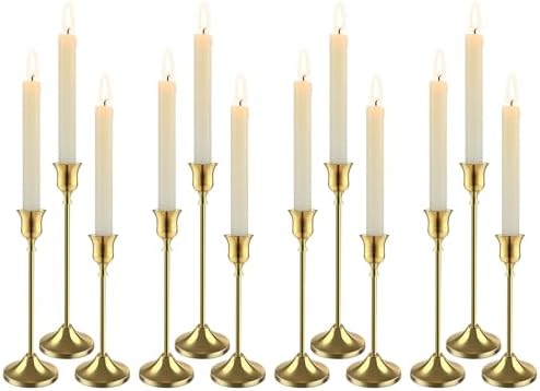 12 PCS (4 Sets) Brass Gold Taper Candlestick Holders - Vintage Metal Candle Sticks by Unknown