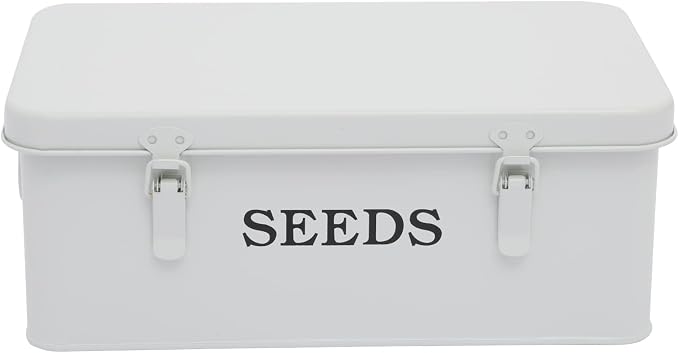 Seed Storage Box Metal Seed Container Seed Packet Storage Organizer, Seed Storage Container with Lid Seed Envelope Storage Box-4 Compartments Garden Seed Box with Safety Locks-White