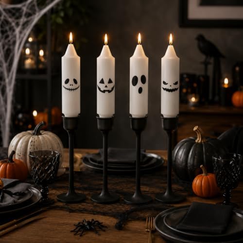 Halloween Taper Candles 5in, 4 Pack White Candles with Spooky Ghost Faces - Image 4