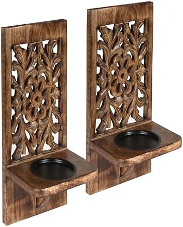Wall Mounted Candle Sconces Set of 2 - Decorative Hand-Carved Wooden Candle Holders, Farmhouse Style, Perfect for Living Room, Bedroom & Kitchen Wall Décor - 16 Inch - Burnt Antique - Image 4