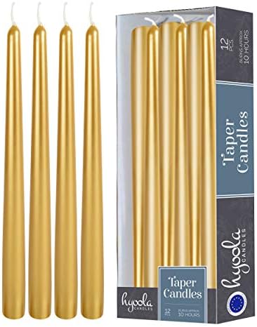 12 Pack Tall Taper Candles - 12 Inch Metallic Gold Dripless, Unscented Dinner Candle - Paraffin Wax with Cotton Wicks - 10 Hour Burn Time by Hyoola