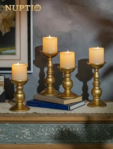 NUPTIO Brass Pillar Candle Holders: Gold Tall Stand for 3" Candles (2 x L) - Image 3