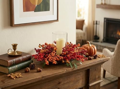 15" Fall Berry Candle Ring Centerpiece with Glass Hurricane Holder - Image 3
