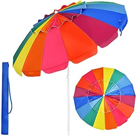 Tangkula 8FT Beach Umbrella, Portable Outdoor Sunshade Beach Umbrella with Sand Anchor & Tilt Mechanism, 16 Sturdy Fiberglass Ribs, Carrying Bag for Garden, Patio (Rainbow)