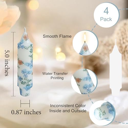 5 inch Short Candle Blue Floral Candle Sticks Printed Candlestick Handmade Unscented Taper Candle 4 Pack Blue Flower Tapered Candles for Home Dinner Wedding Holiday - Image 4
