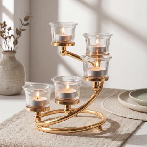 1Pc Gold 5-arm Metal & Glass Tea Light Candle Holders for Table Centerpiece, Glass Votive Tealight Holders/Candelabra Candlestick Holders for Wedding,Party, Anniversary,Christmas by KOLNLALA