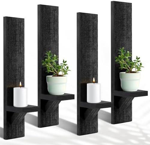 Potchen 4 Set Wall Candle Sconces Wooden Decorative Shelf Mount, Black by Potchen