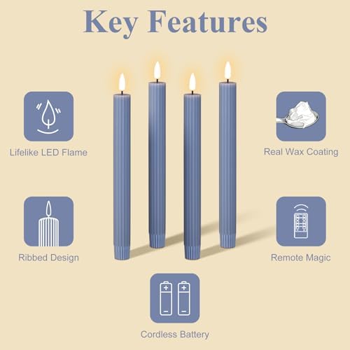 Dusty Blue Ribbed Flameless Taper Candles with Remote Set of 4 - Image 3