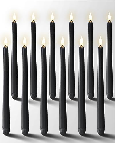 Homemory 12 Pcs Black Flameless Taper Candles Flickering, NO Remote, 11 Inches Taper Candles Battery Operated, Realistic Electric LED Candlesticks Made of Plastic for Halloween Party Home Decor by Homemory