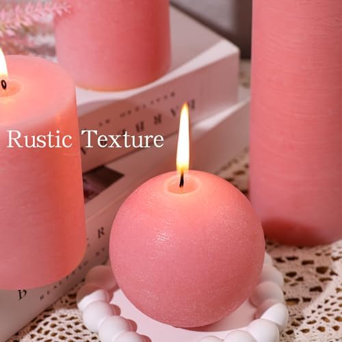 Pink Textured Pillar Candles Set - 4 Pcs Assorted Sizes Rustic Unscented Pillar Candle, Decorative Farmhouse Candles for Home Centerpiece Decor, Holiday Dinner Table, Dripless & Smokeless - Image 4
