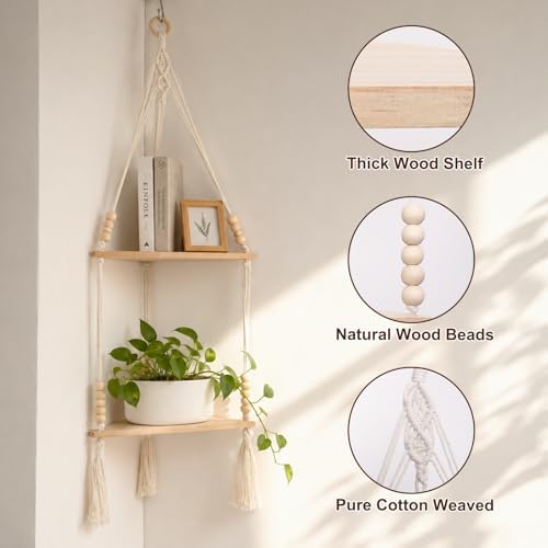 Artilady Macrame Wall Hanging Corner Shelf, Adjust Boho Storage Wall Decor - Image 6