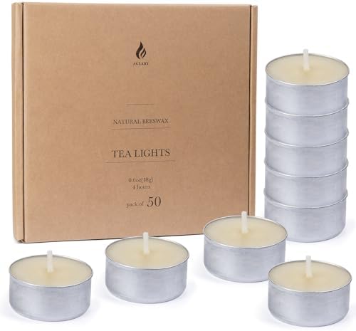 50PCS Beeswax Tealight Candles, Cream White, Aluminum Cups, 4H Burn by Aglary