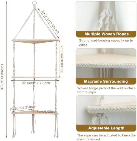 Artilady Corner Shelves Macrame Wall Hanging, 3 Tier Boho Storage - Image 2