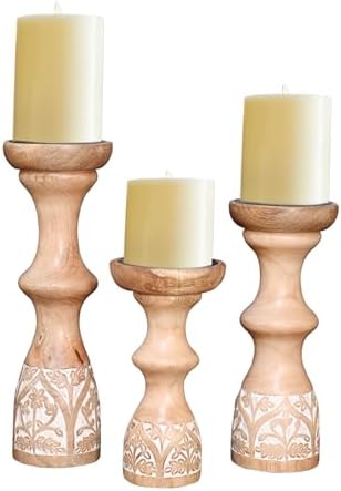 Perilla Home Wood Texture Candlestick Holders Set of 3 - Premium Candle Holders for Candlesticks, Taper Candles, Party, Anniversary, Dinning Table Vintage Candle Holder Centerpiece - (12"x10"x8") by PerillaHome