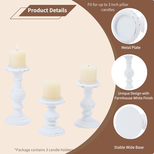 Set of 3 Rustic White Wood Pillar Candle Holder - Image 3