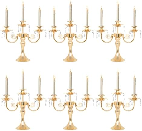 Metal 3 Arm Gold Candelabra with Crystal Pendants - 11.8 Inch Tall Candle Holders, Set of 6 - Elegant Taper Candlestick Stand for Wedding, Dining Table, Party Home Decoration by kehail