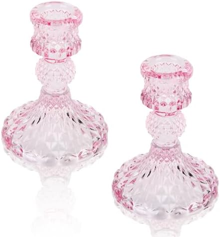 Glass Candle Holder, 2PCS Decorative Candle Sticks Pillar Candle Stand for Formal Events Wedding Party Table Centerpieces Home Decoration, Pink by SHOWLOUE
