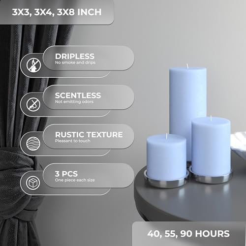 CANDWAX Assorted Pillar Candles Set of 3 – Sizes 3", 4", 8" Unscented Dripless Large Candles, Rustic Finish Long Burning for Weddings, Home Decor – Light Blue - Image 3