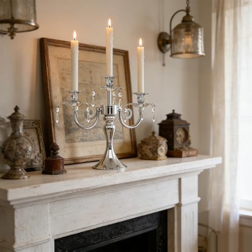 Metal 3 Arm Candelabra with Crystal Pendants - 11.8 Inch Tall Candle Holders, Set of 2 - Elegant Taper Candlestick Stand for Wedding, Dining Table, Christmas Party Home Decoration (2, Silver) - Image 6
