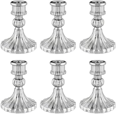 Silver Glass Candlestick Holders, Taper Candle Holders, Set of 6 by ECHFSM