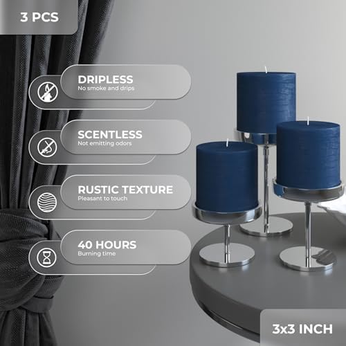 CANDWAX 3x3 Pillar Candles Set of 3 - Rustic Unscented No Drip Dark Blue Candles for Home Decor, Weddings, Centerpieces - Image 2
