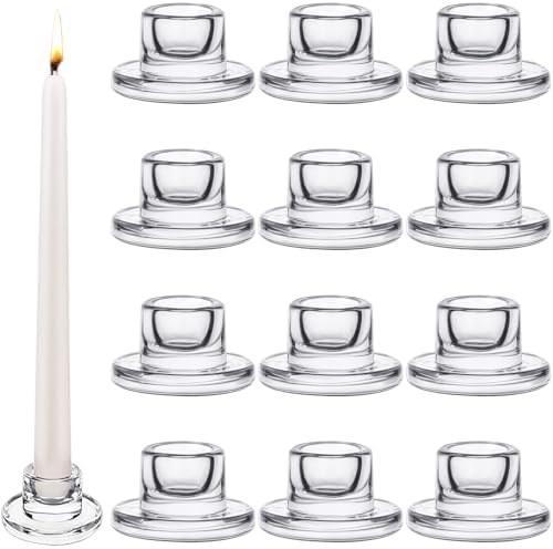12 PCS Glass Taper Candle Holders Bulk Candlestick Holders Clear Short Tapered Candle Stick Holder Decor Set for Table Centerpiece Wedding Party Advent Christmas Home Decorations (12, Clear) by Mkhaslri