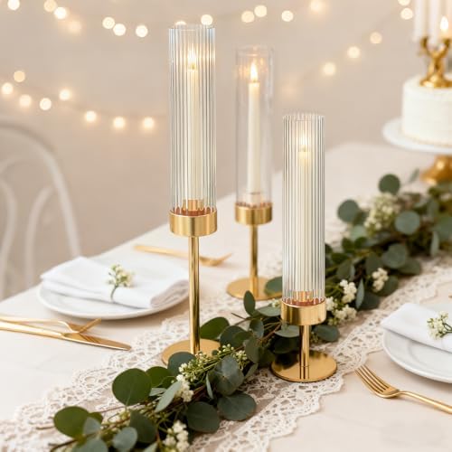 Metal & Acrylic Taper Candle Holders Set of 3 with Ribbed Design - Hurricane Clear Cylinder Candelabra for Wedding, Christmas, Party, Dining Table Centerpiece Decor (Gold, Set of 3) - Image 7