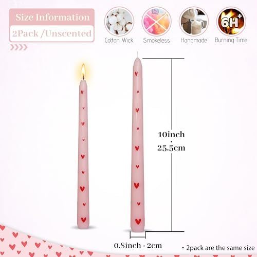 Pretty Pink Little Heart Taper Candle Sticks - Colorful candlesticks Unscented Party Gift Holiday Dinner Table Decorations 10 inch Set of 2 - Image 2