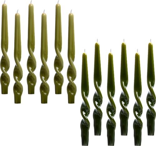 Twisted Taper Candles, 12 Pack 9.5 Inch Olive Green Sagegreen Two Tone Spiral Design Decorative Set for Thanksgiving, Wedding Table Decor and Home Styling by PAMELIFE