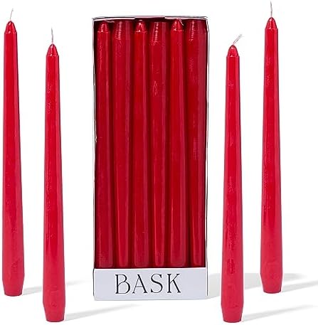 Bask 10-inch Taper Candles - Unscented and Dripless - Burns for 8 Hours - Home Decor for Dinner Table, Kitchen, and Bedroom - Perfect for a Romantic Date or Anniversary - 12-Pack - Red by BaskCandles