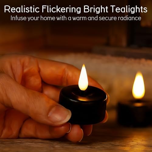 Eywamage Black Flameless Tealights with Remote Batteries, Real Wax Flickering LED Tea Votive Candles Set of 10 - Image 2