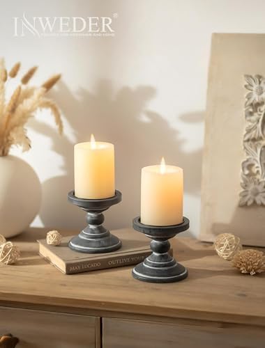 Wood Pillar Candle Holder: Rustic Distressed Black Candle Stand - Image 2