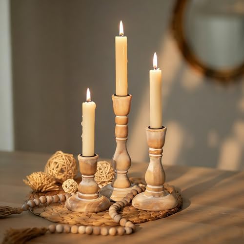 NUPTIO Rustic Wooden Candlestick Holders, Set of 3, Whitewashed by Nuptio