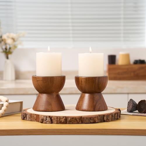 Set of 2 Rustic Acacia Wood Candle Holders for Pillar Candles - Image 4