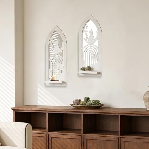 ZEXUIRU 2 Set Rustic Candle Sconces Living Room Bedroom Entryway Wood Mirrored, Farmhouse, Carved Frame Wall-Mount Wooden Candle Holders Wall Decor Hanging Handmade Holder - Distressed White - Image 6